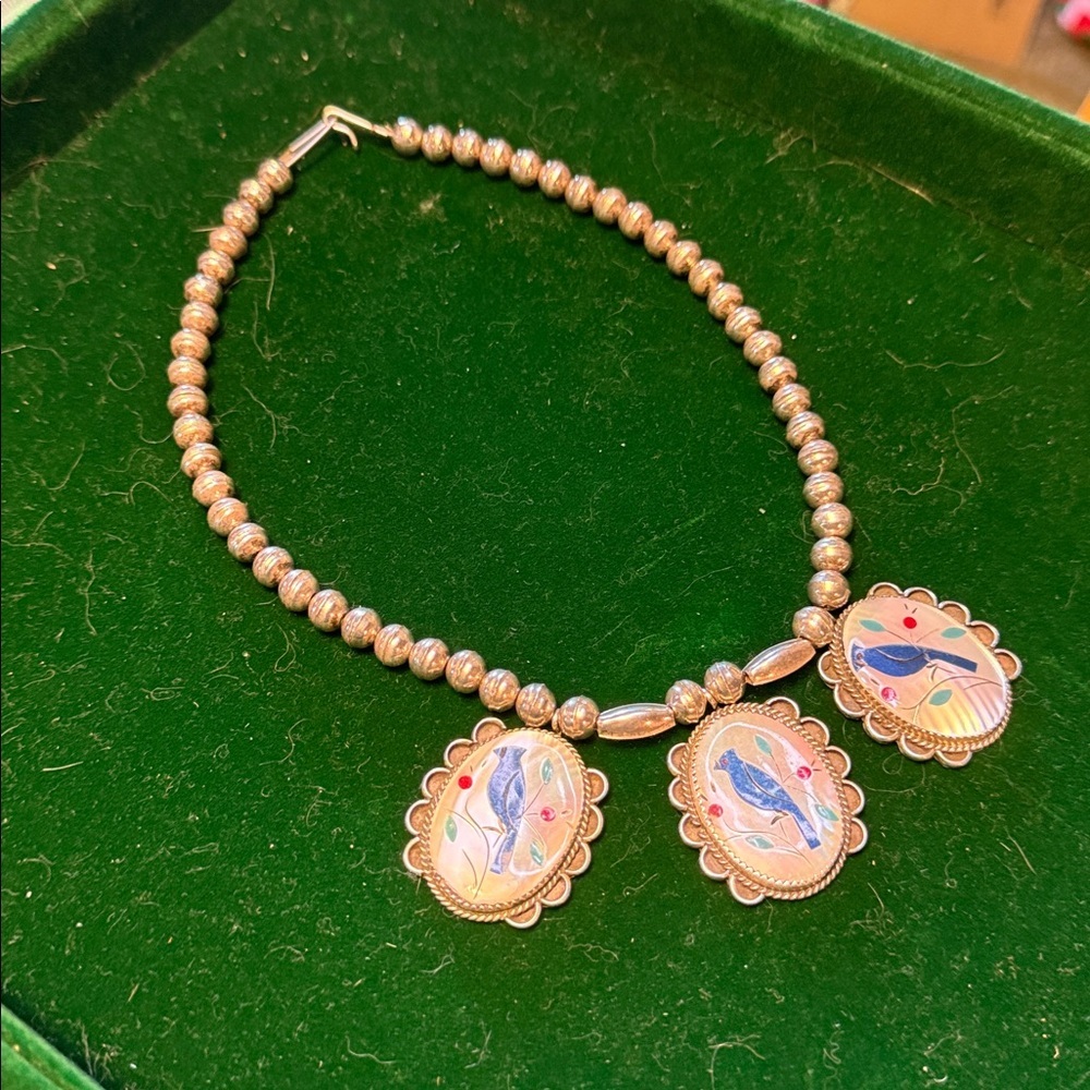 Sterling Silver 9.25 Beaded Necklace with Blue Birds. Vintage 16 inches - Picture 6 of 8